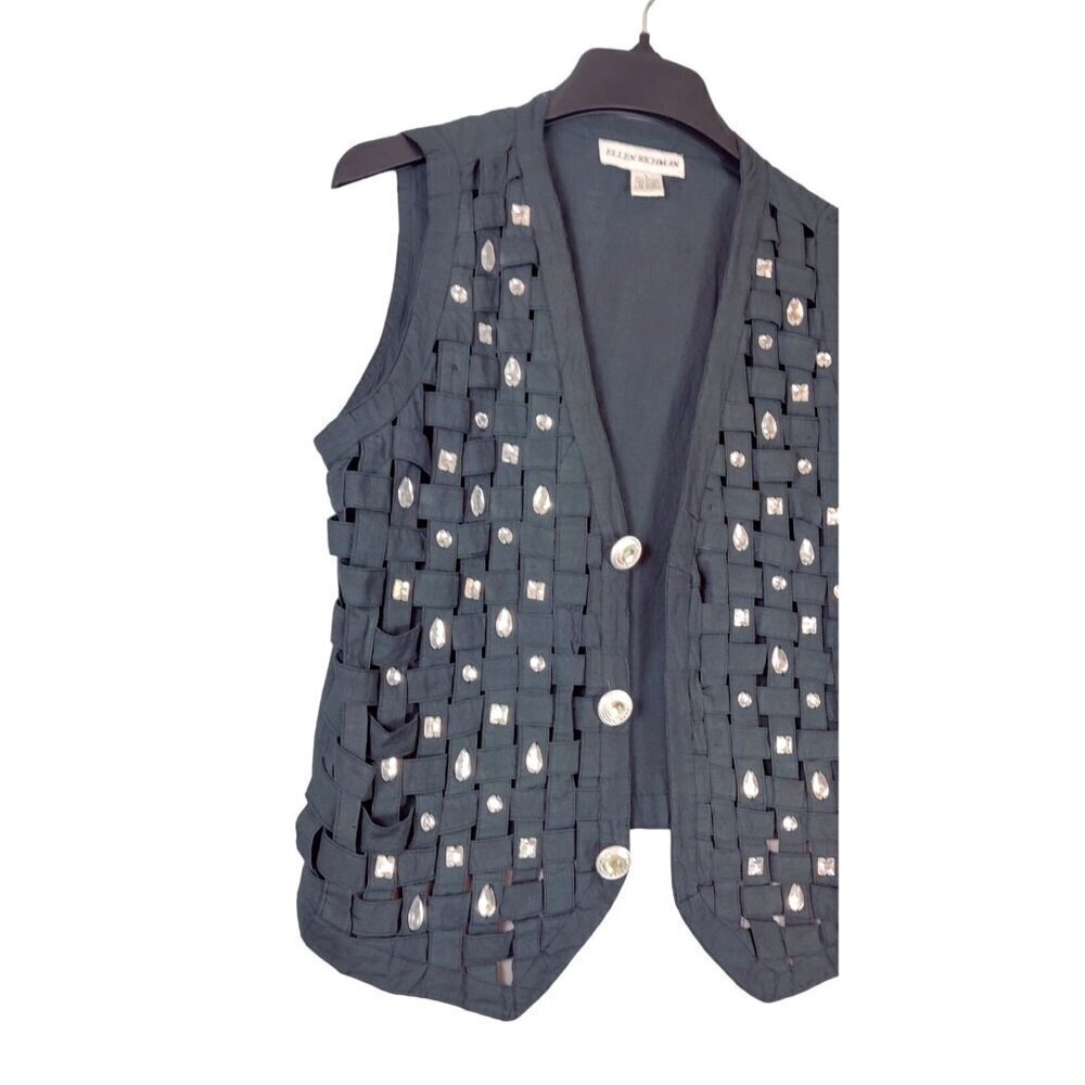 VTG Lattice Woven Vest Black Cotton Rhinestone Ellen Richman Y2K Boho Whimsygoth - Picture 12 of 12